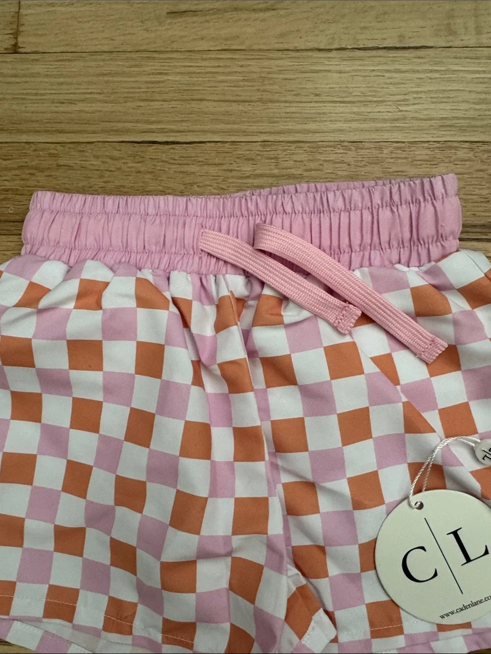 NWT Caden Lane Pink and Orange Checkerboard Swim Shorts, 12-18 Months